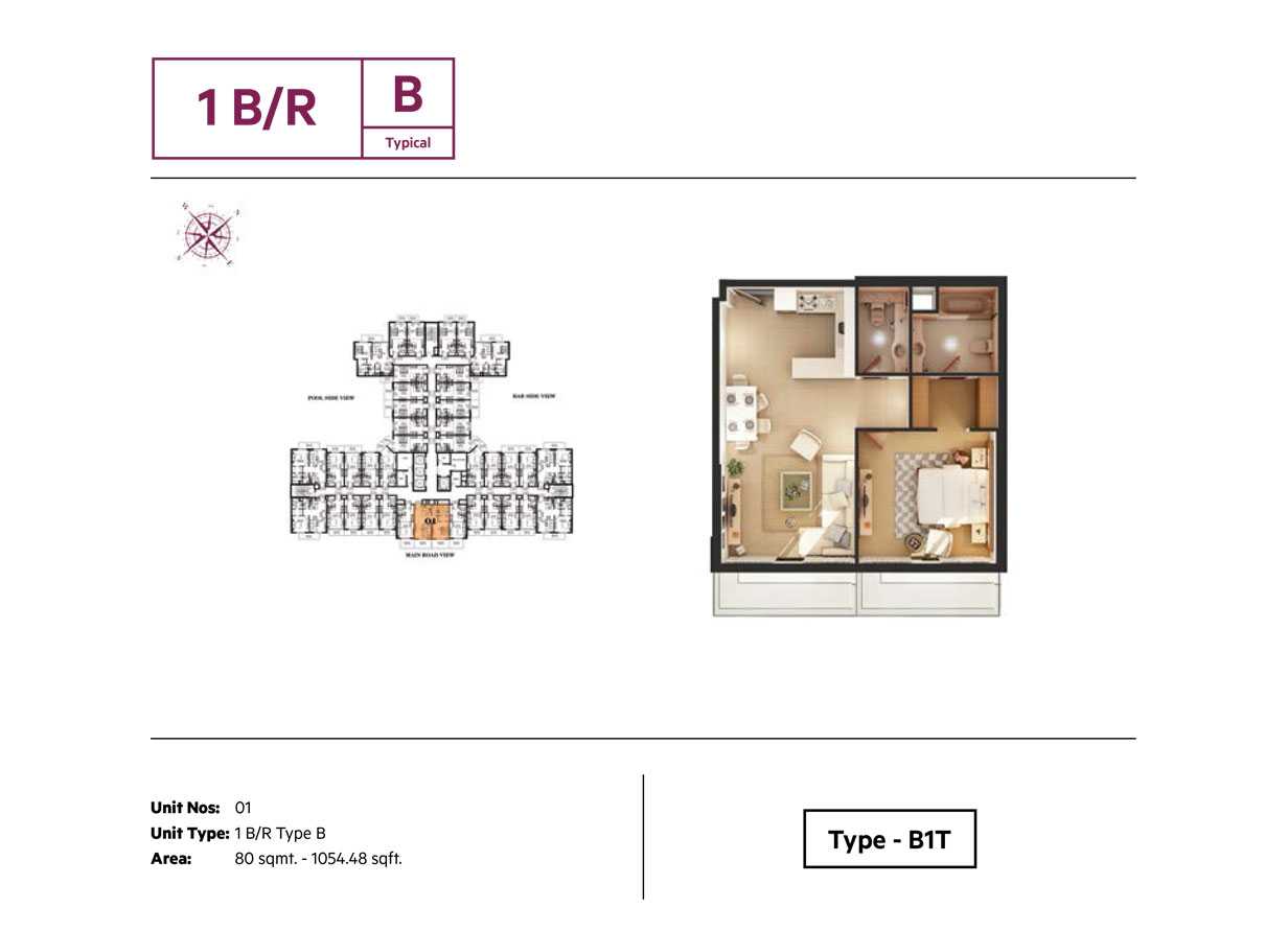 1BR,Type B, Size 1054.48 Sq.ft